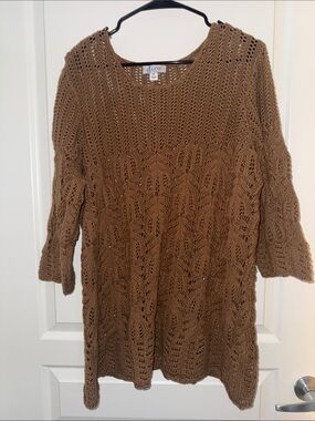 Denim&Co Brown Crochet Open-Knit Sweater